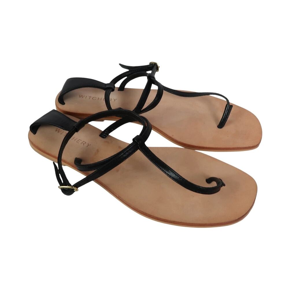 Witchery Black Leather T-Strap Thong Sandals US 5.5